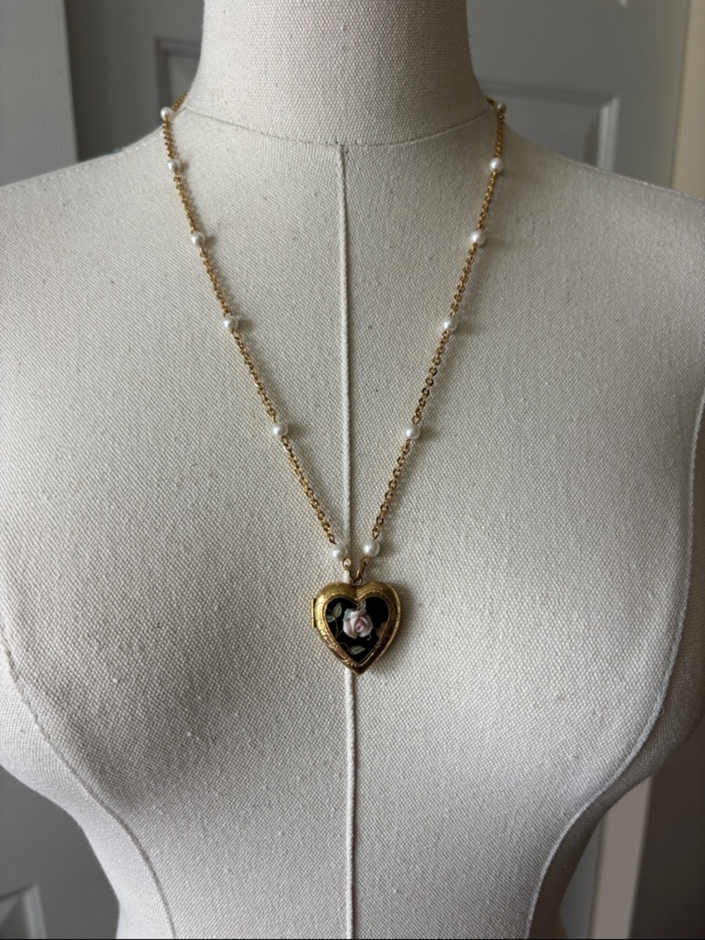 1928 Gold Heart Locket Necklace with Black Enamel and Pink Rose 23”